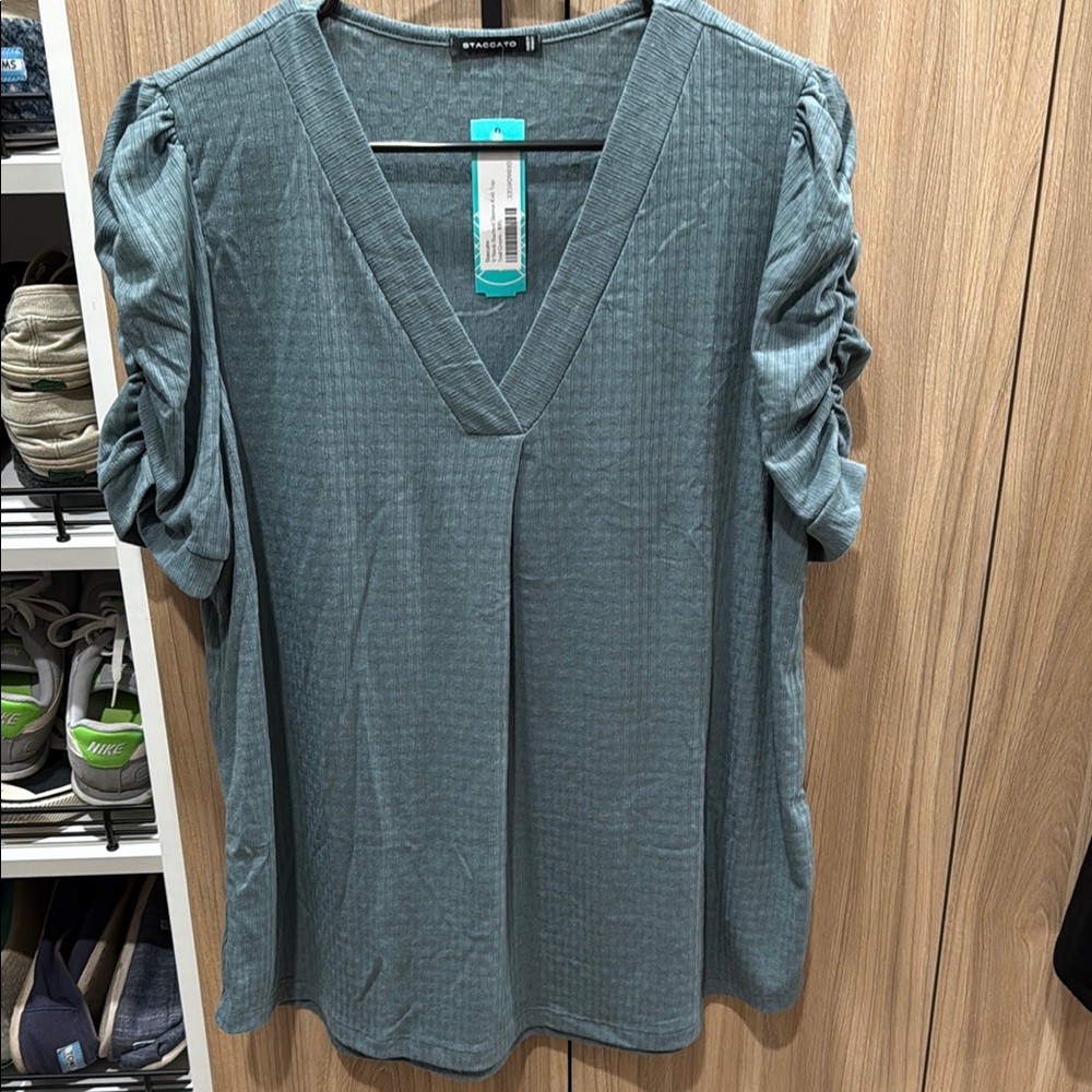 V Neck Ruched Sleeve Knit Blouse by Staccato XXL